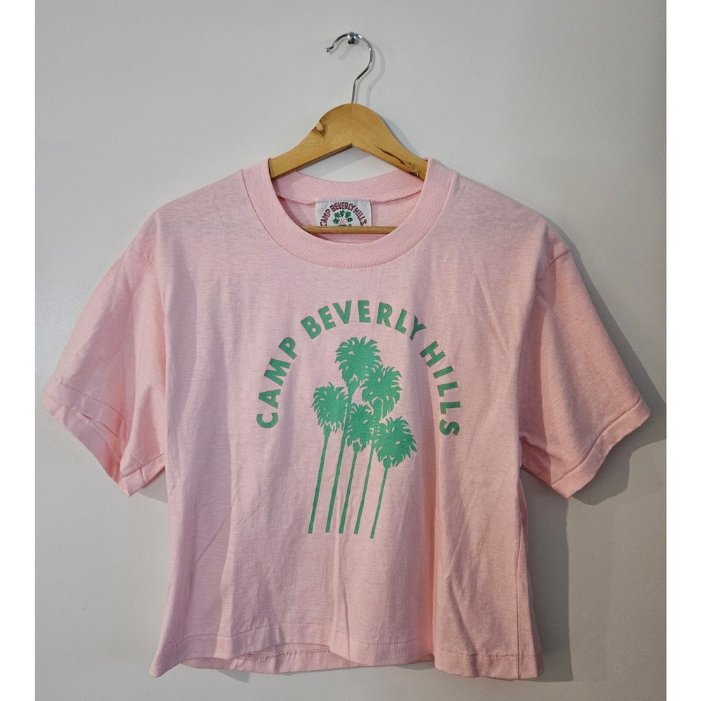 Camp Beverly Hills T-Shirt Women OSFA Pink Vintage 80s Graphic Crop Top USA